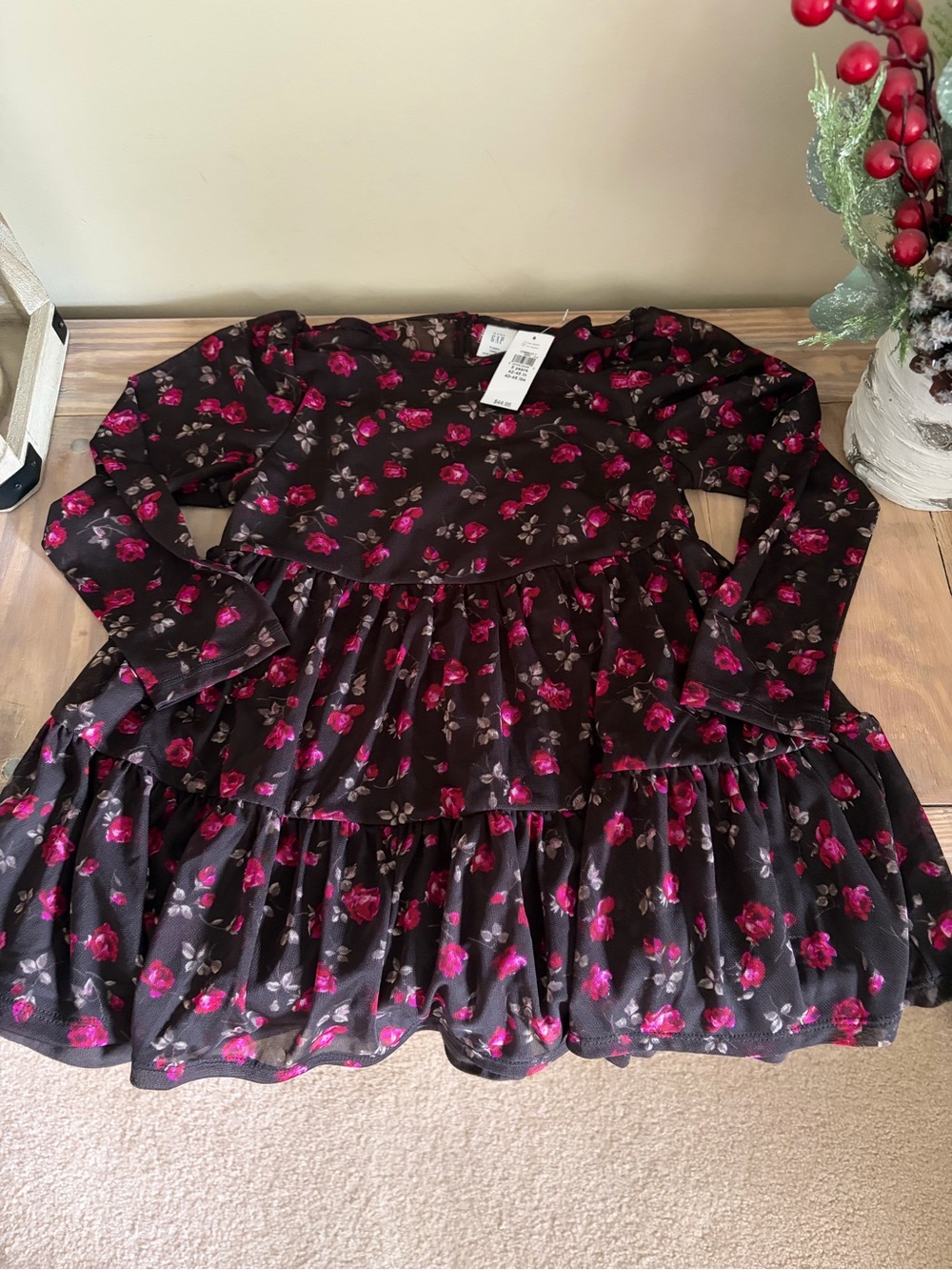 Gap Black Floral Rose Print Tiered Holiday Dress 🌹 🆕